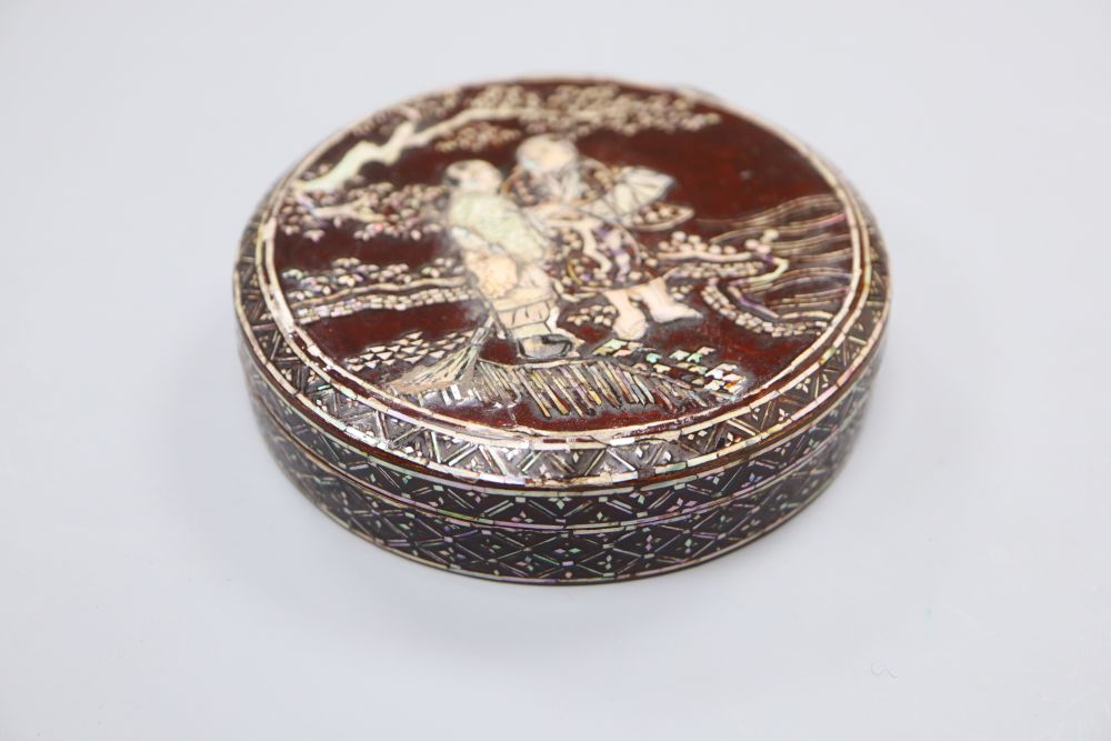 A Japanese mother of pearl inlaid lacquer box and cover